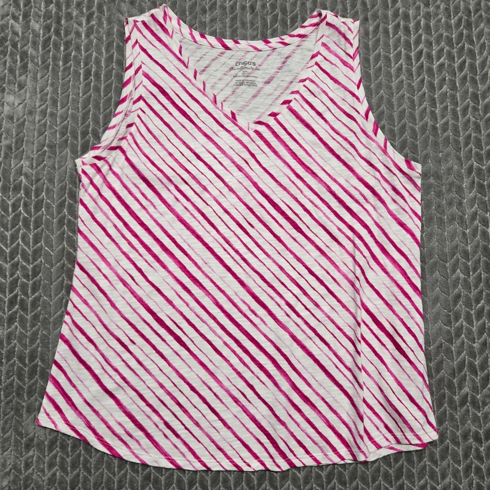 Chicos The Ultimate Tee Pink White Diagonal Stripe V-Neck Sleeveless Top Size 2